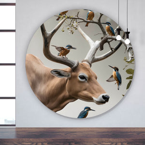 Aluminiumbild Hirsch Vögel Kunstwerk Kreis