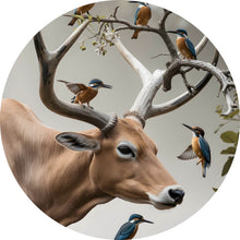 Lade das Bild in den Galerie-Viewer, Aluminiumbild gebürstet Hirsch Vögel Kunstwerk Kreis
