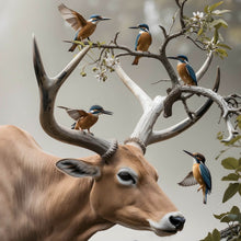 Lade das Bild in den Galerie-Viewer, Spannrahmenbild Hirsch Vögel Kunstwerk Quadrat
