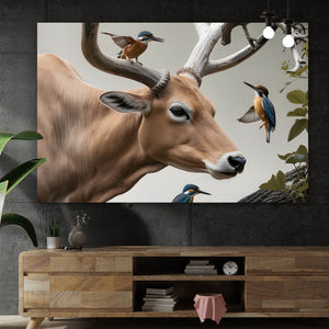 Aluminiumbild Hirsch Vögel Kunstwerk Querformat