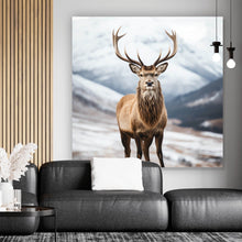 Lade das Bild in den Galerie-Viewer, Acrylglasbild Hirsch vor schneebedeckten Berglandschaft Quadrat

