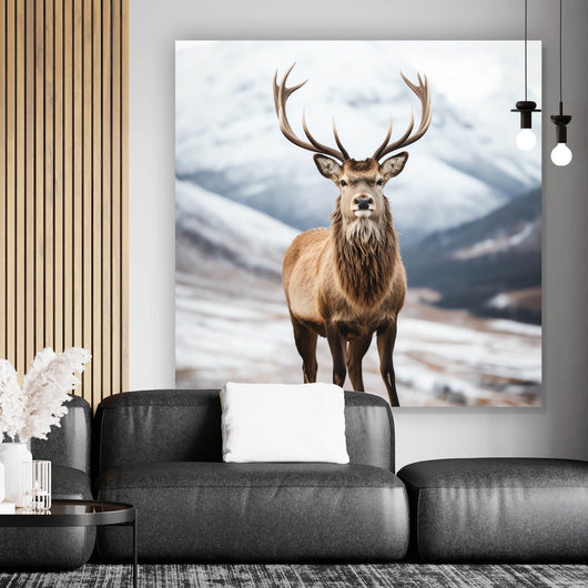 Poster Hirsch vor schneebedeckten Berglandschaft Quadrat