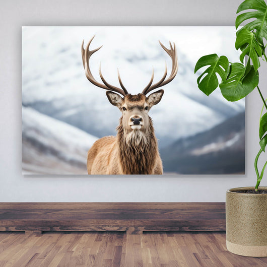 Spannrahmenbild Hirsch vor schneebedeckten Berglandschaft Querformat
