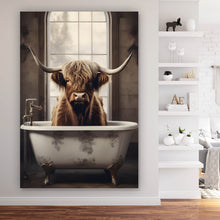Lade das Bild in den Galerie-Viewer, Leinwandbild Hochlandrind in der Badewanne Vintage Hochformat
