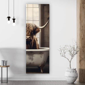 Acrylglasbild Hochlandrind in der Badewanne Vintage Panorama Hoch