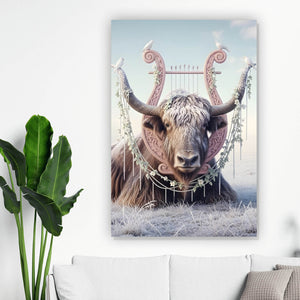 Poster Hochlandrind Mit Dekorativer Harfe Hochformat
