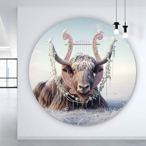 Aluminiumbild gebürstet Hochlandrind Mit Dekorativer Harfe Kreis