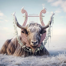 Lade das Bild in den Galerie-Viewer, Leinwandbild Hochlandrind Mit Dekorativer Harfe Quadrat

