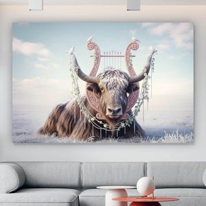 Poster Hochlandrind Mit Dekorativer Harfe Querformat