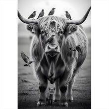 Lade das Bild in den Galerie-Viewer, Poster Hochlandrind mit Vögeln und Fuchs Hochformat
