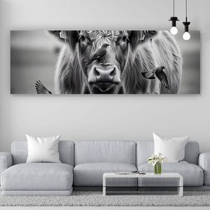 Poster Hochlandrind mit Vögeln und Fuchs Panorama