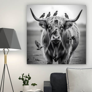 Poster Hochlandrind mit Vögeln und Fuchs Quadrat