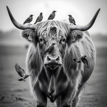 Lade das Bild in den Galerie-Viewer, Aluminiumbild gebürstet Hochlandrind mit Vögeln und Fuchs Quadrat

