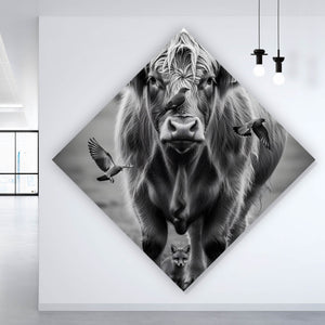Poster Hochlandrind mit Vögeln und Fuchs Raute