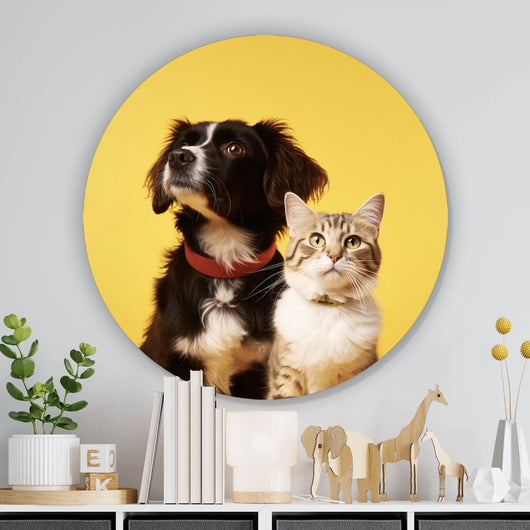 Aluminiumbild Hund und Katze vor gelbem Hintergrund Kreis
