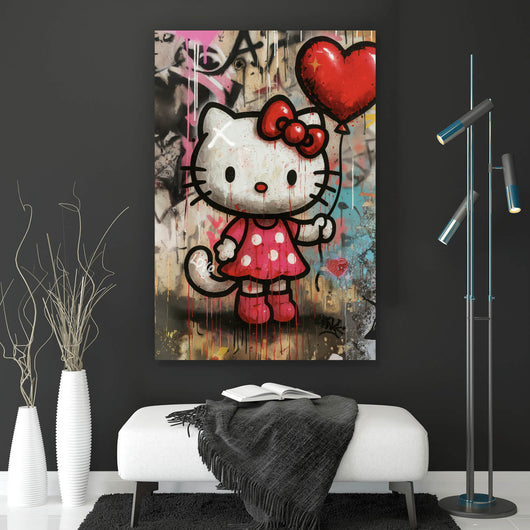 Aluminiumbild Ikonisches Katzenmädchen mit roter Schleife Graffiti Hochformat