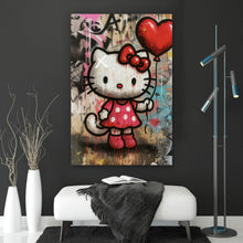 Lade das Bild in den Galerie-Viewer, Spannrahmenbild Ikonisches Katzenmädchen mit roter Schleife Graffiti Hochformat
