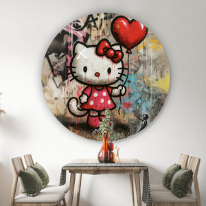 Aluminiumbild Ikonisches Katzenmädchen mit roter Schleife Graffiti Kreis