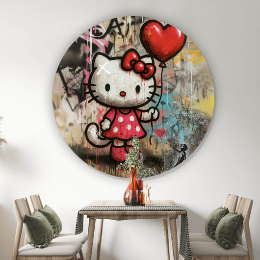 Aluminiumbild Ikonisches Katzenmädchen mit roter Schleife Graffiti Kreis