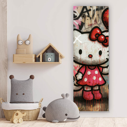 Spannrahmenbild Ikonisches Katzenmädchen mit roter Schleife Graffiti Panorama Hoch