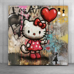 Leinwandbild Ikonisches Katzenmädchen mit roter Schleife Graffiti Quadrat