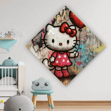 Lade das Bild in den Galerie-Viewer, Spannrahmenbild Ikonisches Katzenmädchen mit roter Schleife Graffiti Raute
