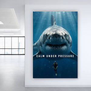 Poster Imposanter Hai mit Taucher Hochformat