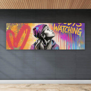 Acrylglasbild Junge Frau vor Graffiti Hintergrund Panorama