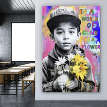 Lade das Bild in den Galerie-Viewer, Leinwandbild Junge mit Blumen vor buntem Hintergrund Hochformat
