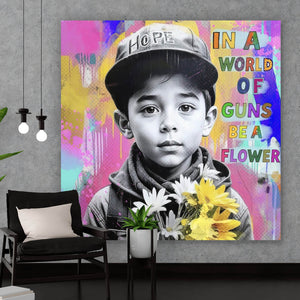 Leinwandbild Junge mit Blumen vor buntem Hintergrund Quadrat