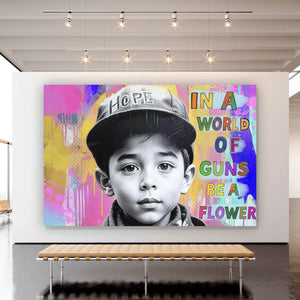 Poster Junge mit Blumen vor buntem Hintergrund Querformat