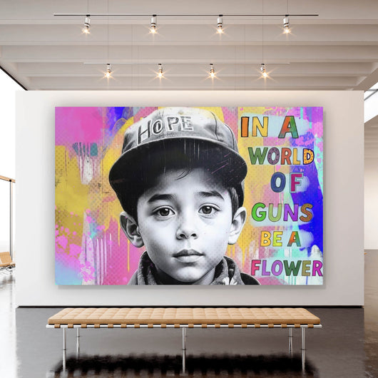 Poster Junge mit Blumen vor buntem Hintergrund Querformat