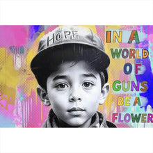 Lade das Bild in den Galerie-Viewer, Poster Junge mit Blumen vor buntem Hintergrund Querformat
