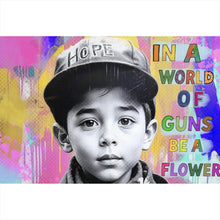 Lade das Bild in den Galerie-Viewer, Aluminiumbild Junge mit Blumen vor buntem Hintergrund Querformat
