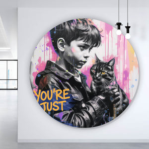 Aluminiumbild gebürstet Junge mit Katze in kunstvoller Street Art Szene Kreis