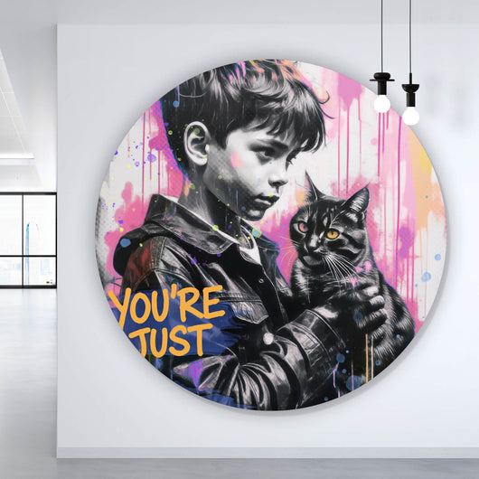 Aluminiumbild gebürstet Junge mit Katze in kunstvoller Street Art Szene Kreis