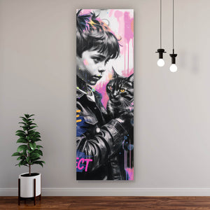 Poster Junge mit Katze in kunstvoller Street Art Szene Panorama Hoch