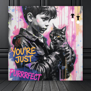 Poster Junge mit Katze in kunstvoller Street Art Szene Quadrat