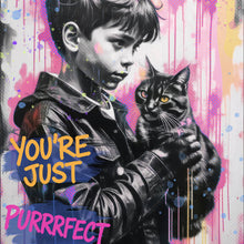 Lade das Bild in den Galerie-Viewer, Aluminiumbild Junge mit Katze in kunstvoller Street Art Szene Quadrat

