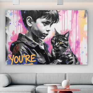 Leinwandbild Junge mit Katze in kunstvoller Street Art Szene Querformat