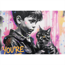 Lade das Bild in den Galerie-Viewer, Acrylglasbild Junge mit Katze in kunstvoller Street Art Szene Querformat
