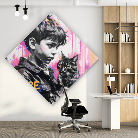 Poster Junge mit Katze in kunstvoller Street Art Szene Raute