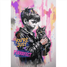 Lade das Bild in den Galerie-Viewer, Acrylglasbild Junge mit Katze You are Just perfect Popart Hochformat
