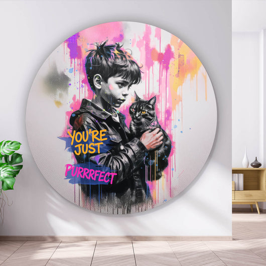 Aluminiumbild Junge mit Katze You are Just perfect Popart Kreis