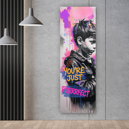 Aluminiumbild gebürstet Junge mit Katze You are Just perfect Popart Panorama Hoch