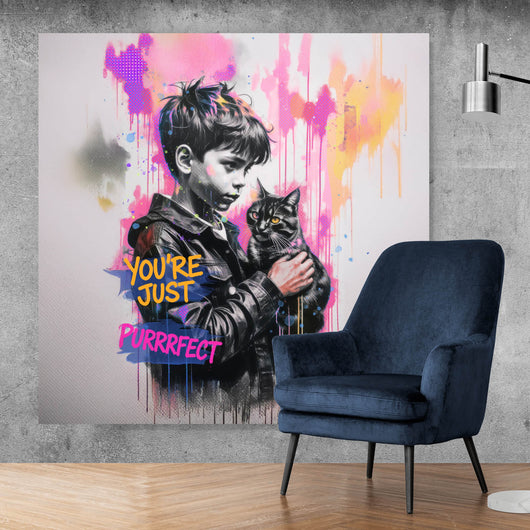 Aluminiumbild gebürstet Junge mit Katze You are Just perfect Popart Quadrat