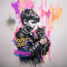Lade das Bild in den Galerie-Viewer, Aluminiumbild Junge mit Katze You are Just perfect Popart Quadrat
