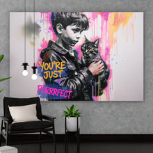 Lade das Bild in den Galerie-Viewer, Aluminiumbild gebürstet Junge mit Katze You are Just perfect Popart Querformat
