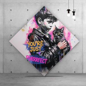 Spannrahmenbild Junge mit Katze You are Just perfect Popart Raute