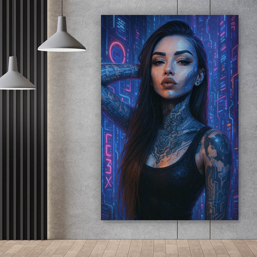 Aluminiumbild gebürstet Katjahlix Cyberpunk-Frau mit leuchtenden Tattoos und futuristischem Hintergrund Hochformat